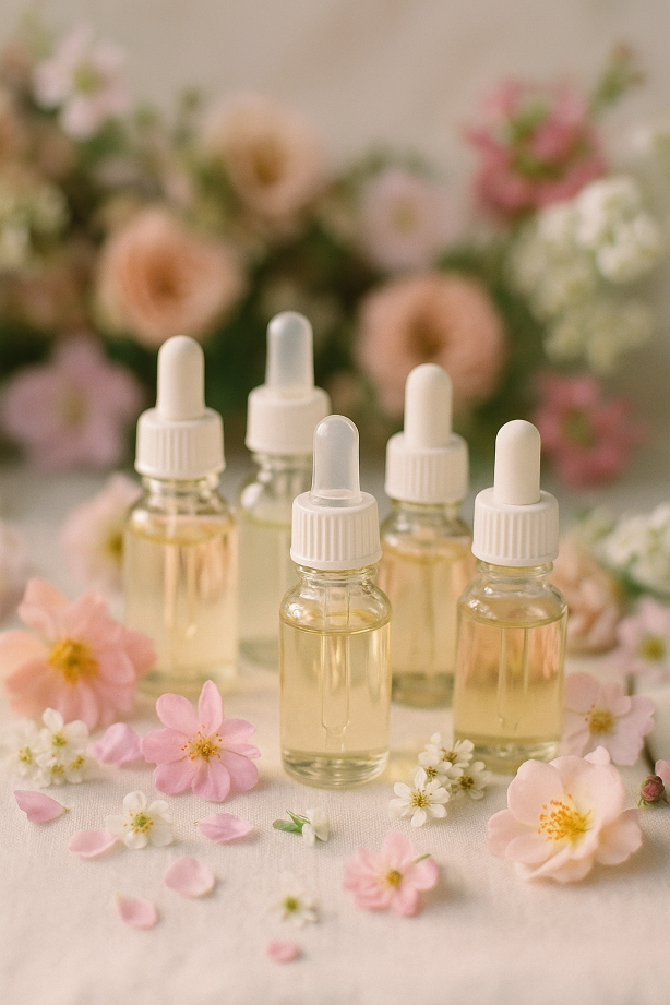 fünf kleine Glasfläschchen mit Pipetten vor einem sanft unscharfen Hintergrund aus Blüten