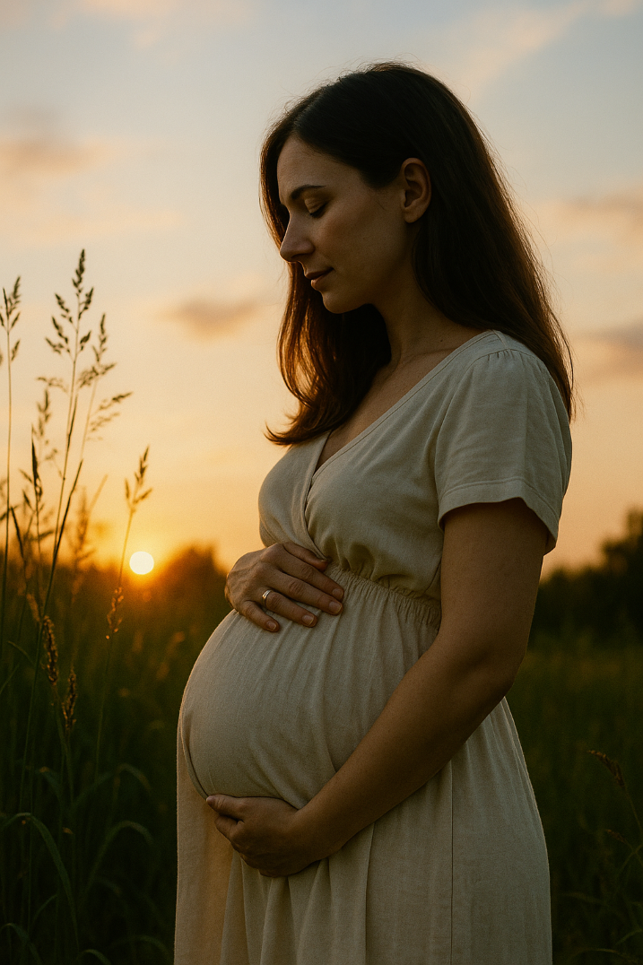 Schwangere Frau steht im Sonnenlicht auf einer Wiese und hält liebevoll ihren Babybauch