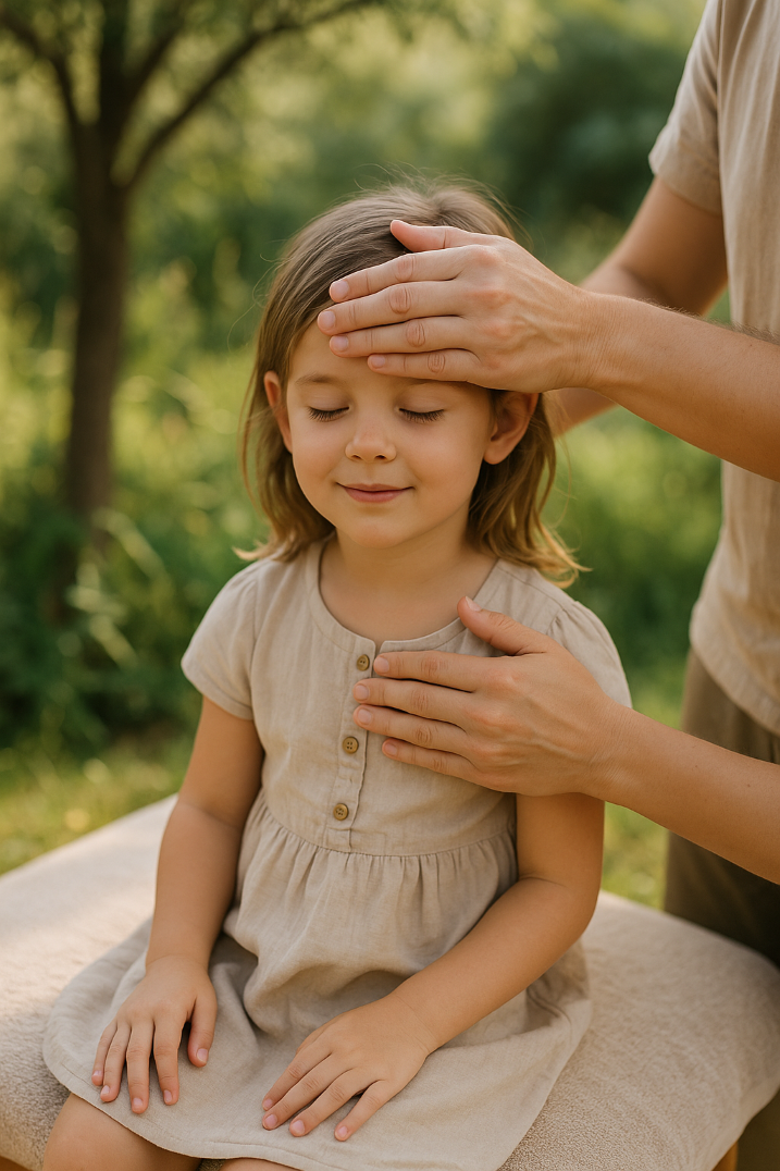 Kind sitzt entspannt, während eine Hand sanft die Stirn für eine energetische Behandlung berührt