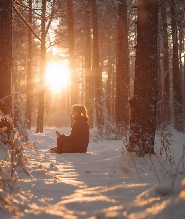 Frau sitz im Wald im Schnee